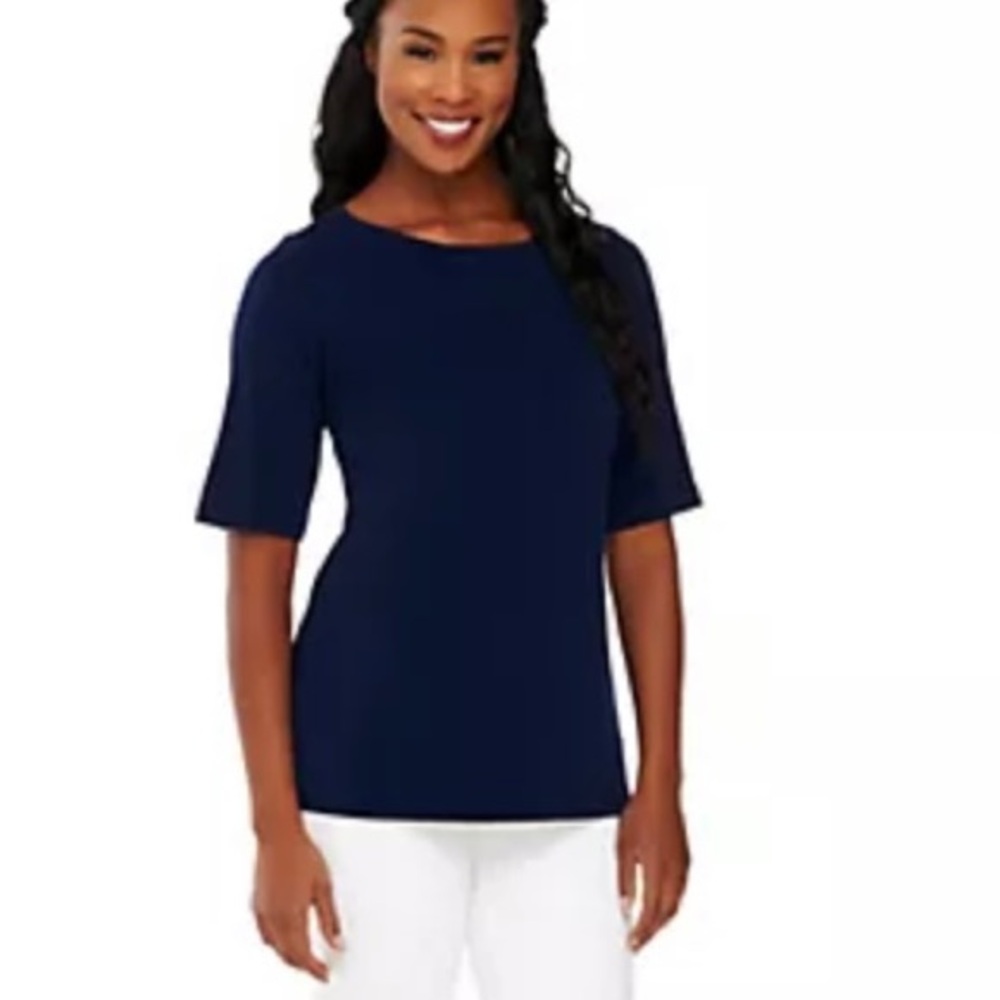 Susan Graver Liquid Knit Bateau Neck Top Elbow Sleeve A213063